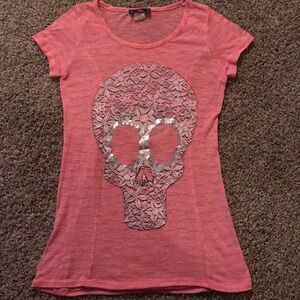 Pinc Silver Flowered Skull Pink Short Sleeve Top